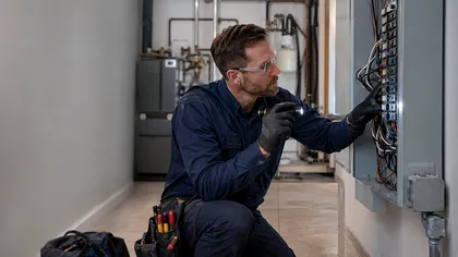 Electrician working in a service panel