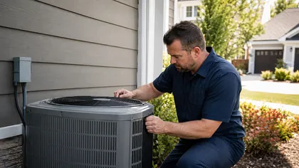 HVAC technician servicing a condenser unit