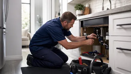 Plumber working under a sink