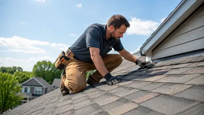 Roofer installing shingles